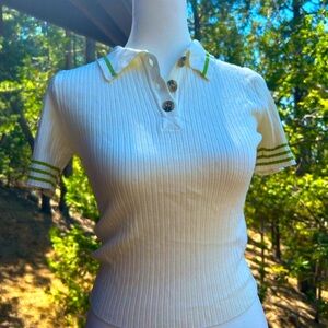 Forever 21 White Ribbed Polo with Green Stripes
